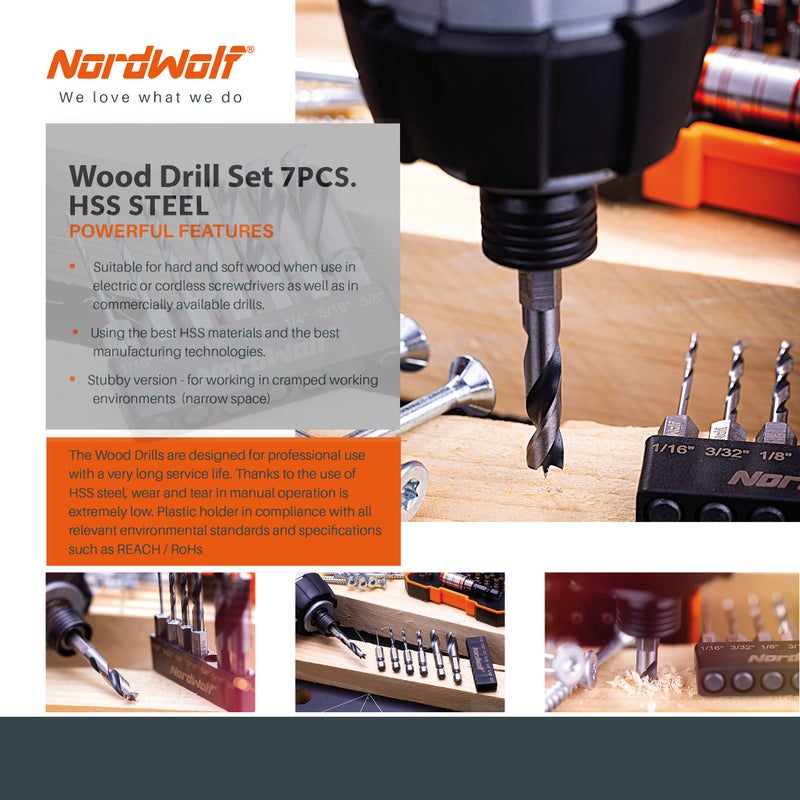 NordWolf 7-Piece HSS Brad Point Stubby Wood Drill Bit Set with 1/4"" Hex Shank for Carpenter Woodworking, SAE Sizes 1/16""-3/32""-1/8""-3/16""-1/4""-5/16""-3/8"" - Image 5